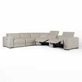 Frazier Modern Light Grey Leather Sectional Sofa with 3 Recliners + Console