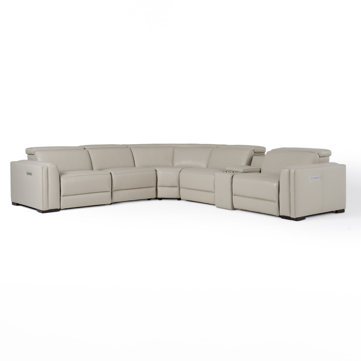 Frazier Modern Light Grey Leather Sectional Sofa with 3 Recliners + Console