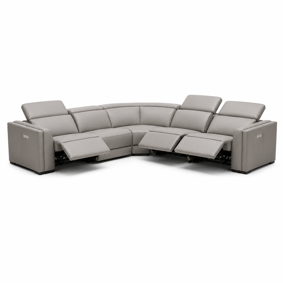 Frazier Modern Light Grey Leather Sectional Sofa with 3 Recliners