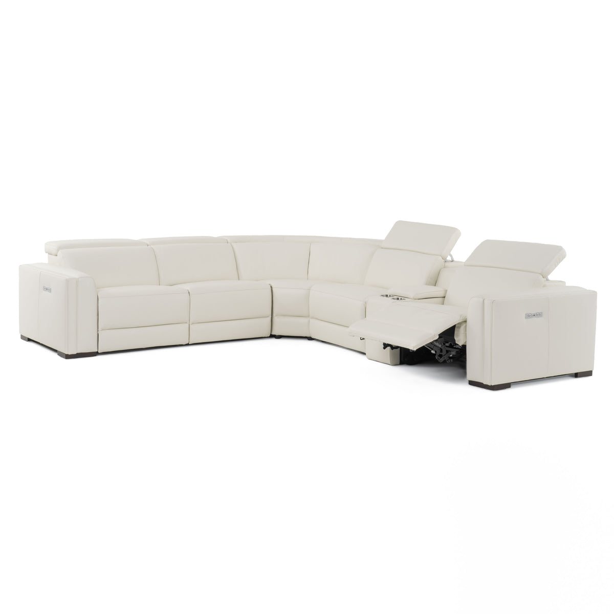 Frazier Modern White Leather Sectional Sofa with 3 Recliners + Console