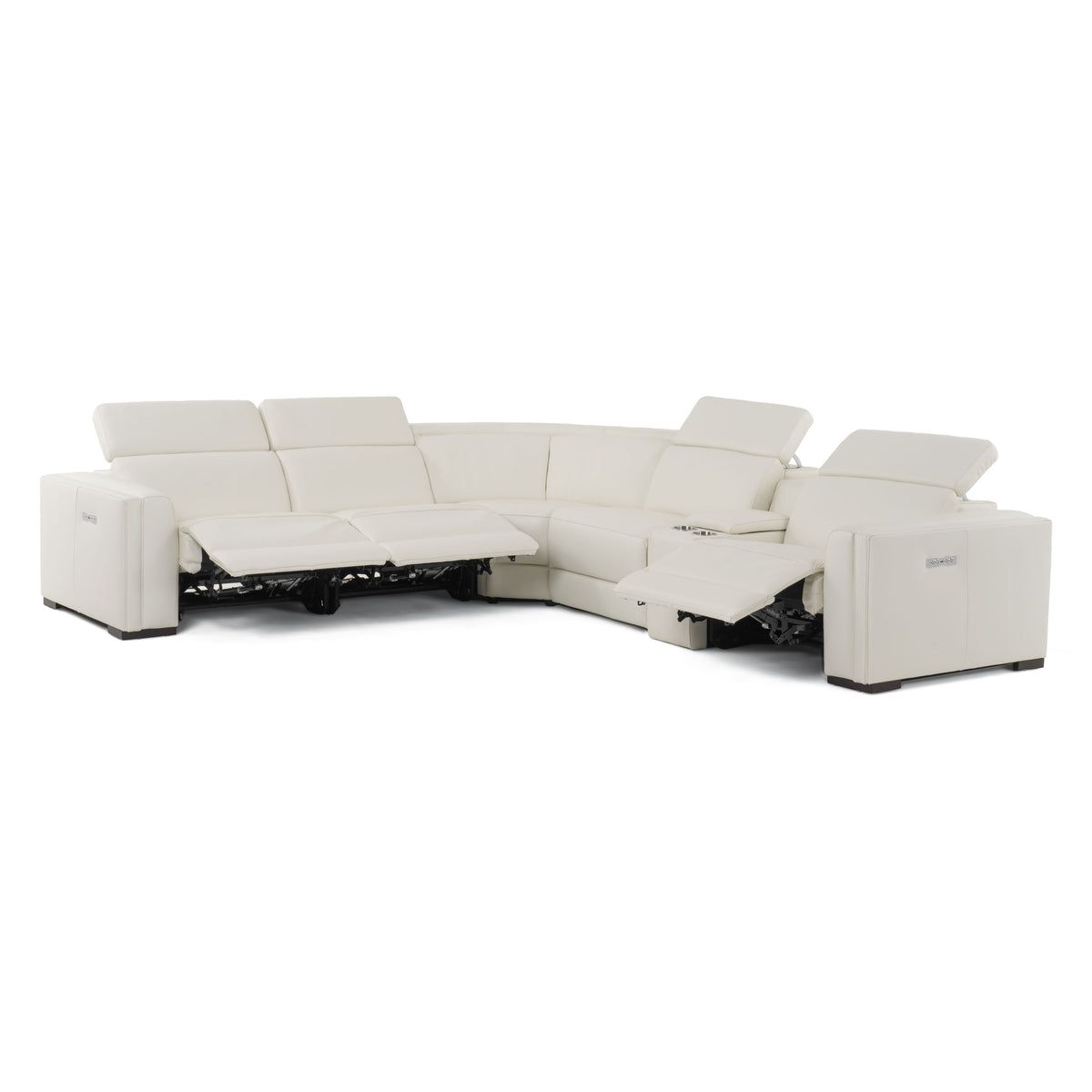 Frazier Modern White Leather Sectional Sofa with 3 Recliners + Console