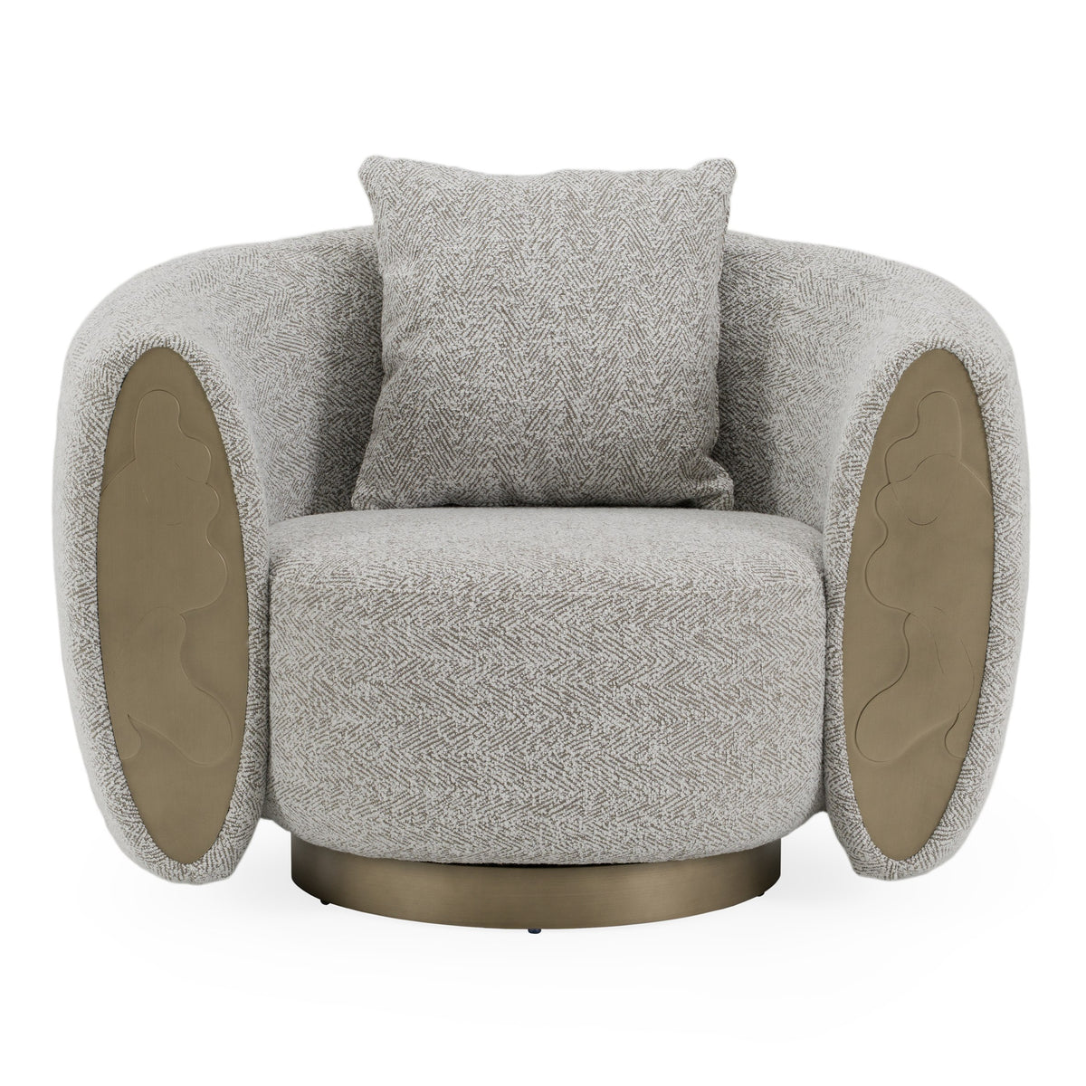 Glimpse Modern White & Brown Fabric + Antique Brass Swivel Accent Chair