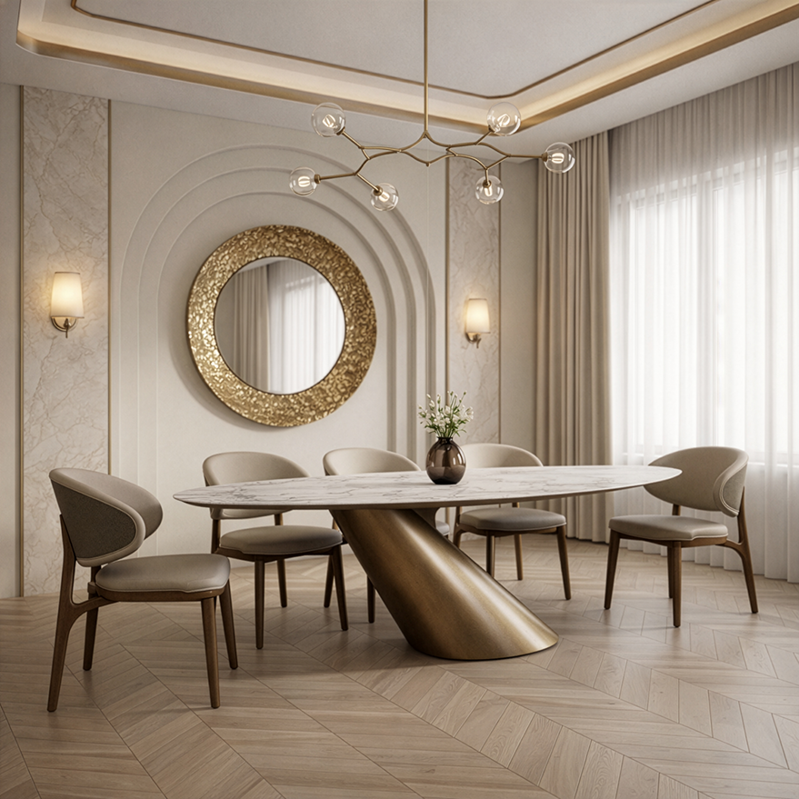 Gresham Contemporary White Ceramic + Brushed Brass Dining Table