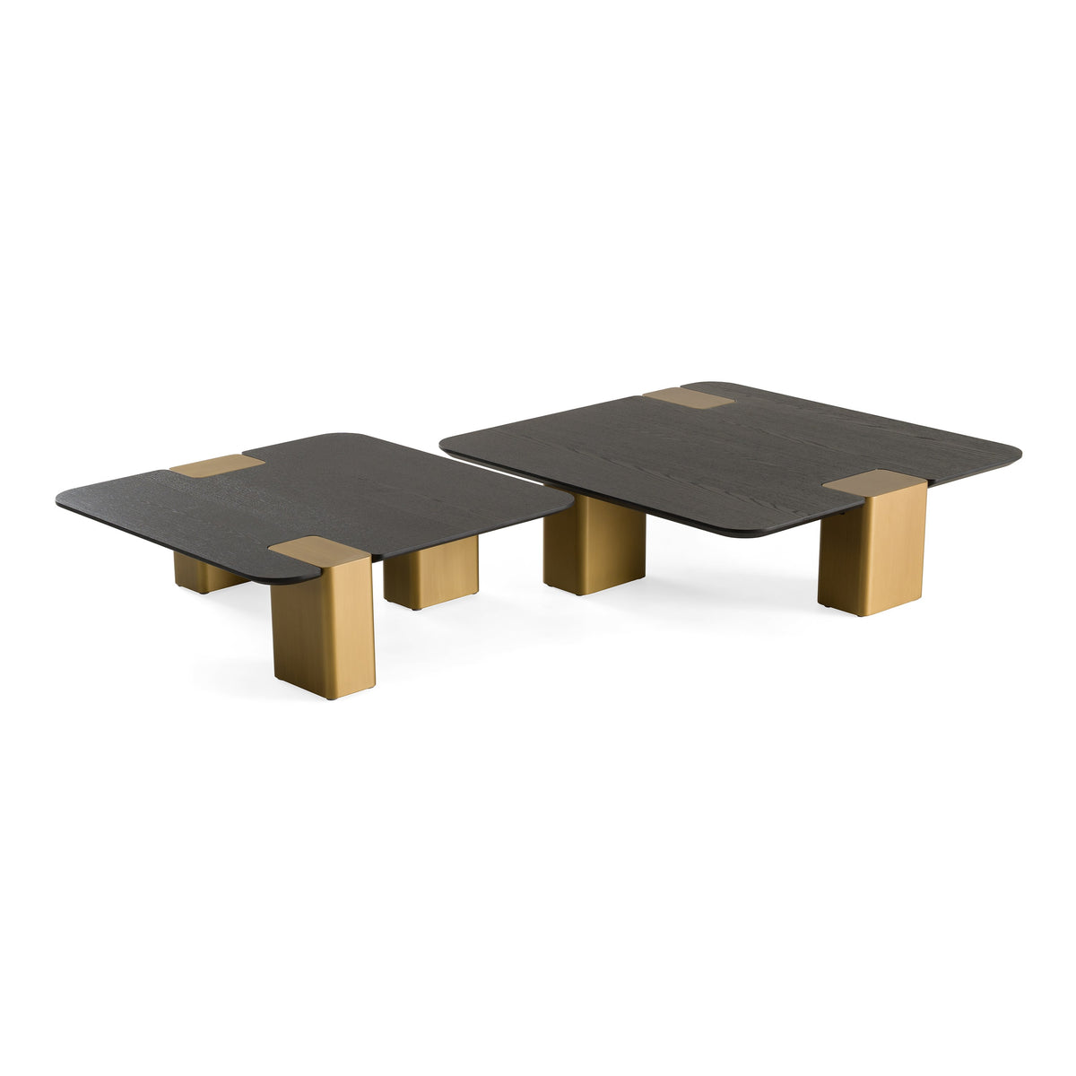 Harold Modern Black + Brushed Gold Oak Square Nesting Coffee Table Set