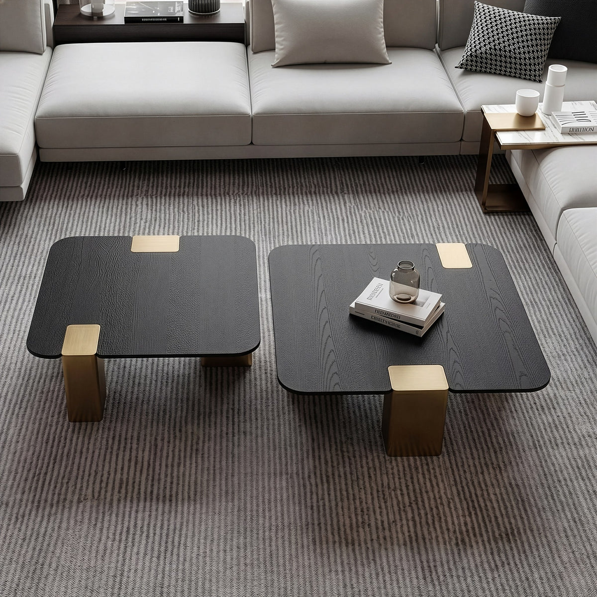Harold Modern Black + Brushed Gold Oak Square Nesting Coffee Table Set