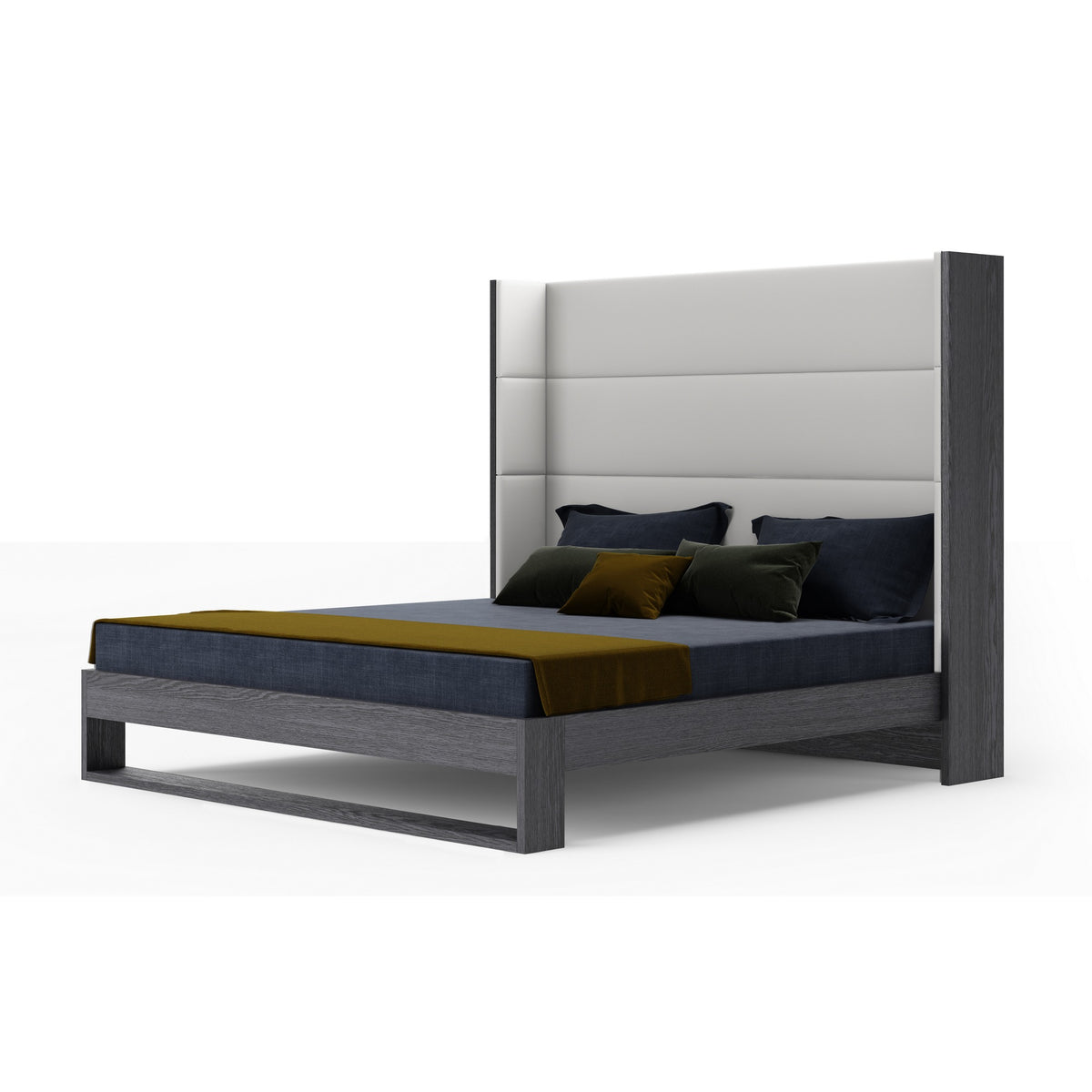 Heloise Queen Contemporary White Leather & Grey Elm Trim Bed