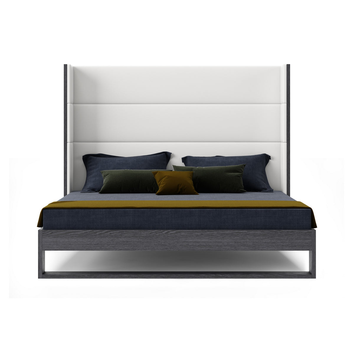 Heloise Queen Contemporary White Leather & Grey Elm Trim Bed