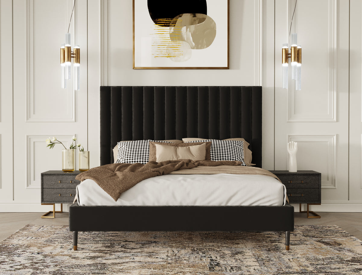 Hemlock Howard- Modern Dark Grey Velvet and Shagreen Grey EK Bedroom Set