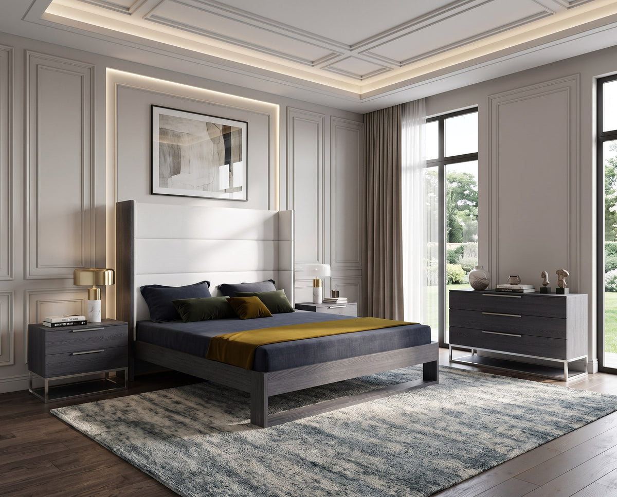 Heloise Contemporary White Leather & Grey Elm 4-Piece Bedroom Set