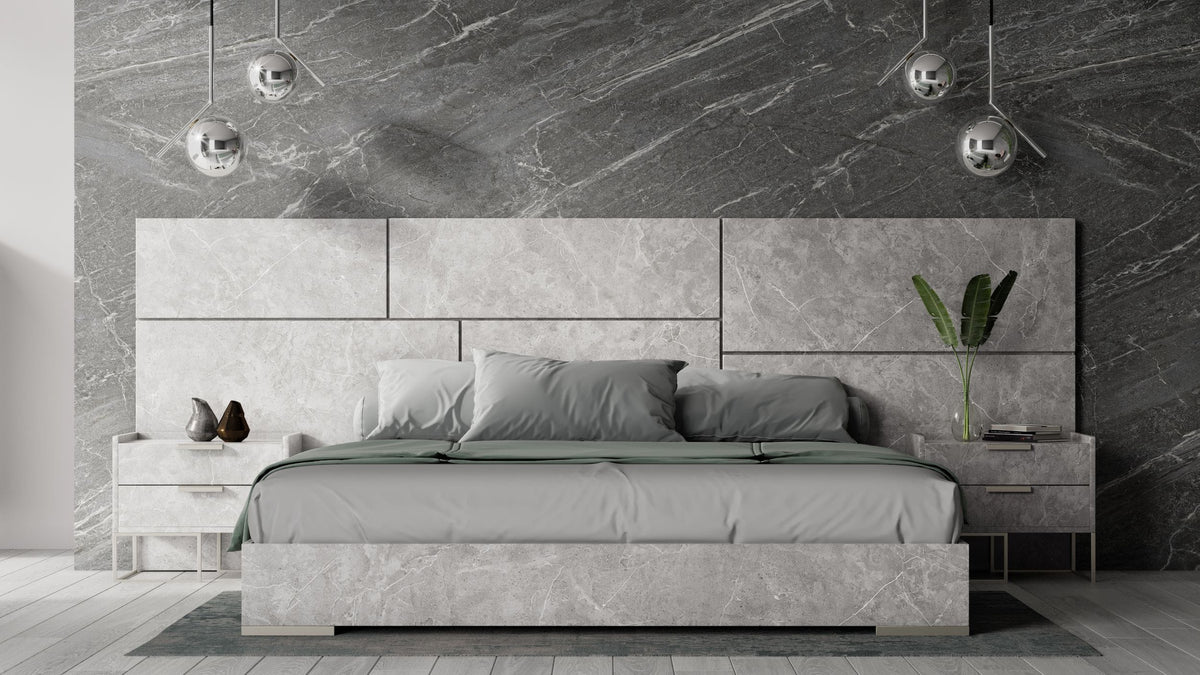Eastern King Marbella Italian Modern Grey Marble Bed with 2 Nightstands