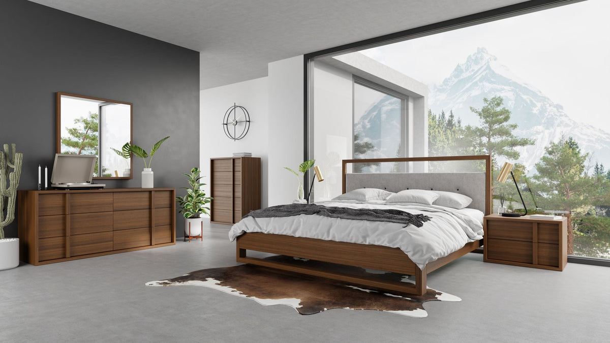 Falcor Modern Grey Fabric & Walnut Veneer Bed