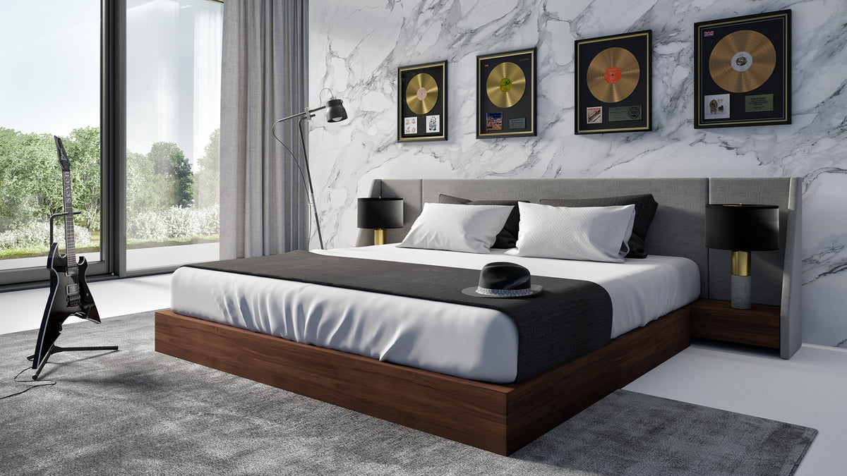 Janice Modern Grey Fabric and Walnut Bed and Nightstands