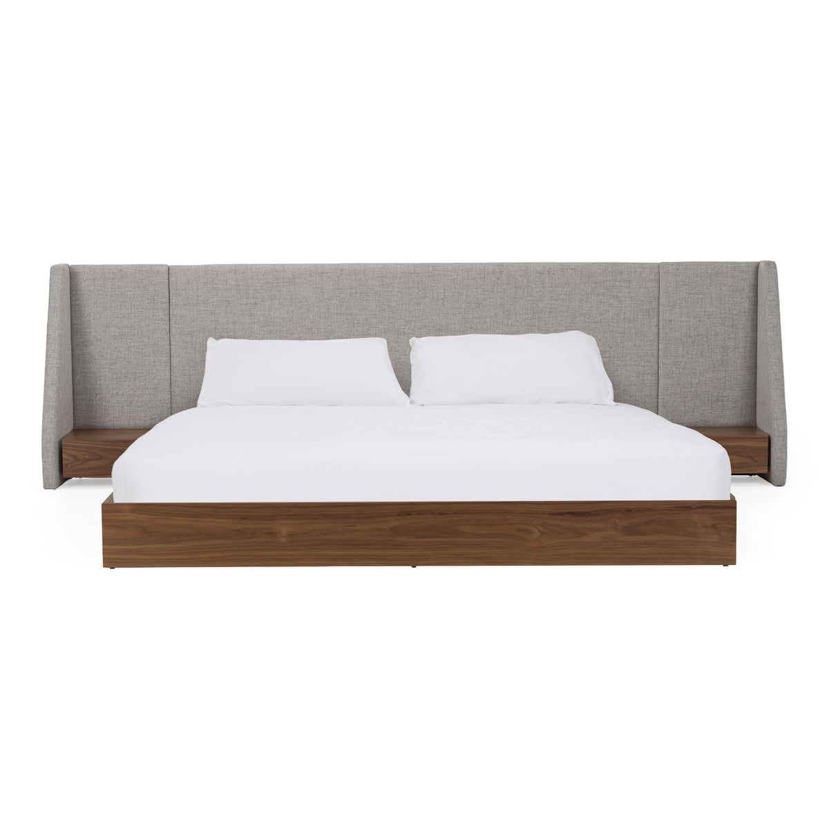 Janice Modern Grey Fabric and Walnut Bed and Nightstands