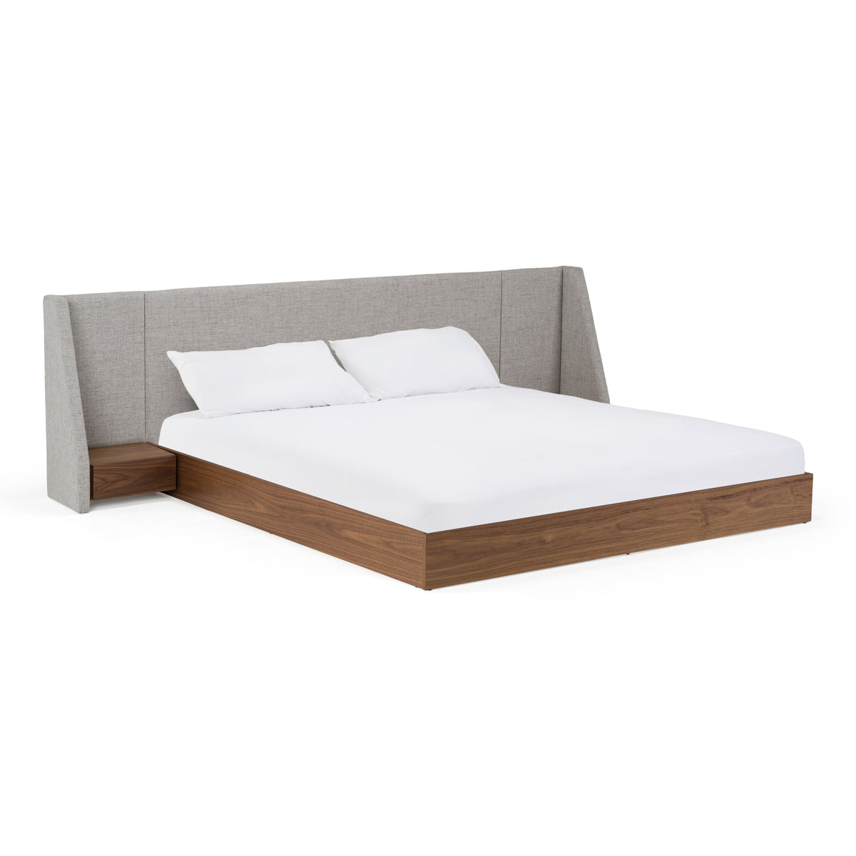 Janice Modern Grey Fabric and Walnut Bed and Nightstands
