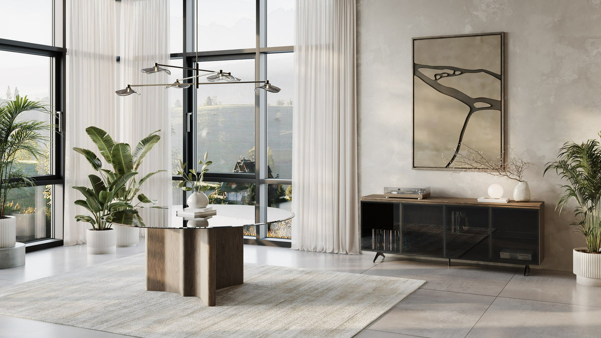 Kaye Modern Walnut + Glass 71" Round Dining Table