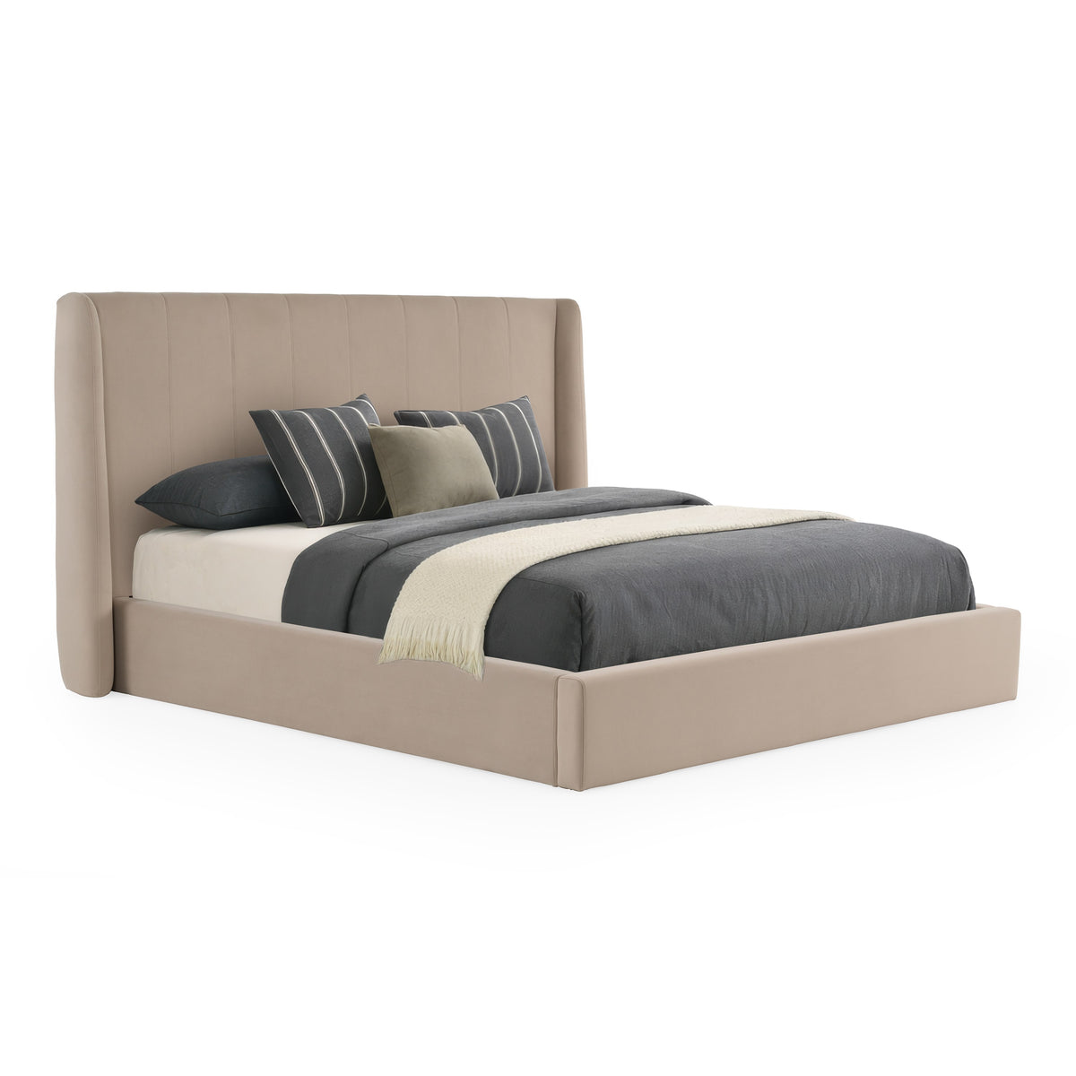 Kiro + Lago Modern Tan Fabric + Faux Travertine 4-Piece Bedroom Set