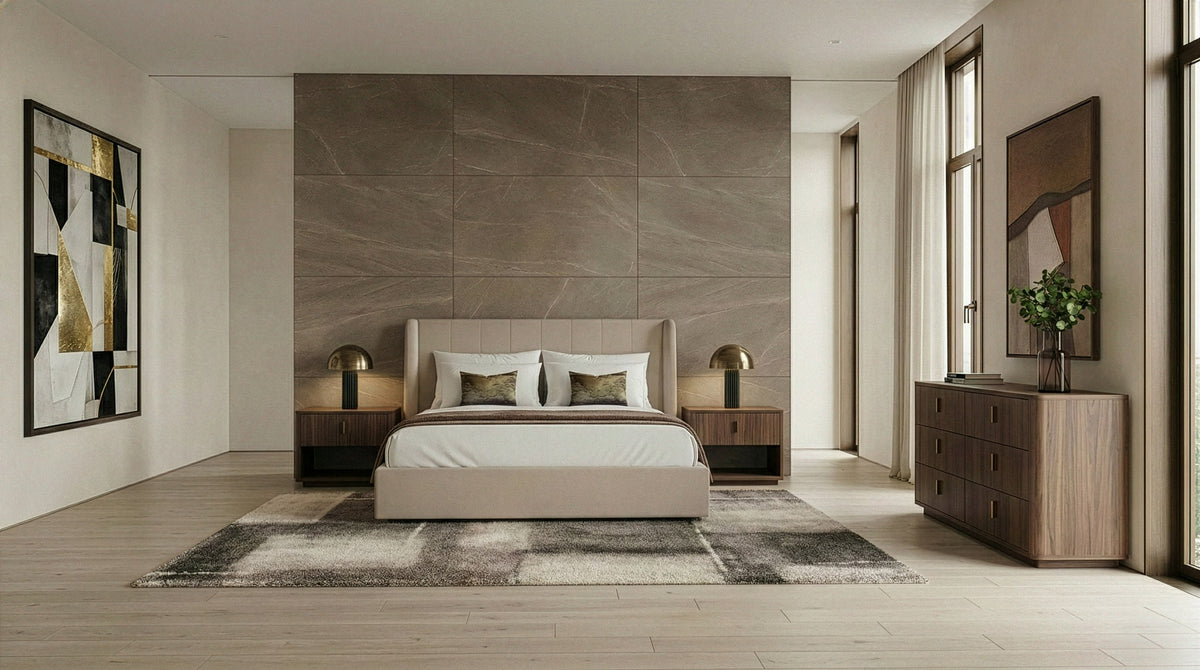 Kiro + Roma Modern Tan Fabric + Walnut 4-Piece Bedroom Set