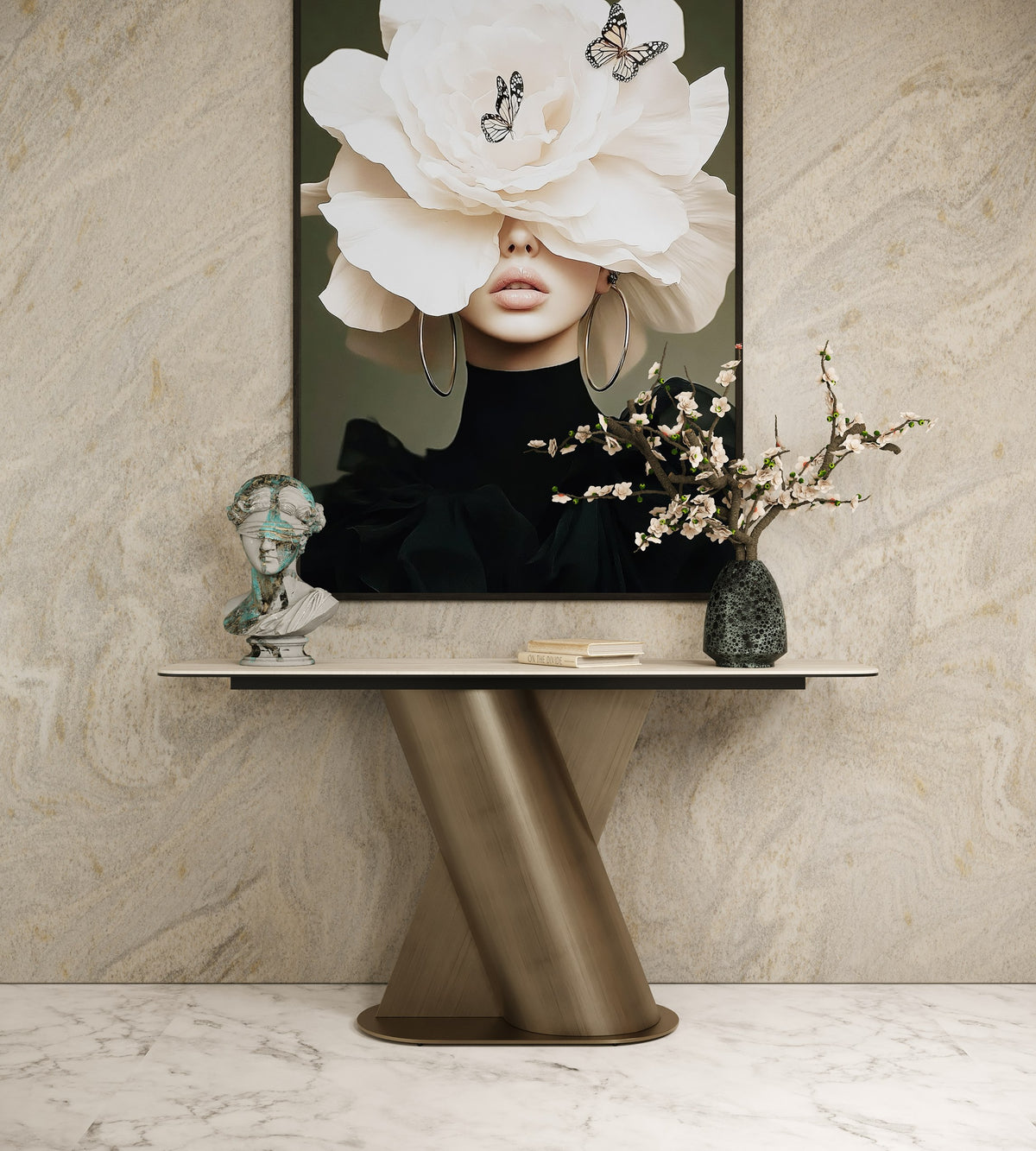 Kiefer Modern Faux Travertine Ceramic + Bronze Console Table