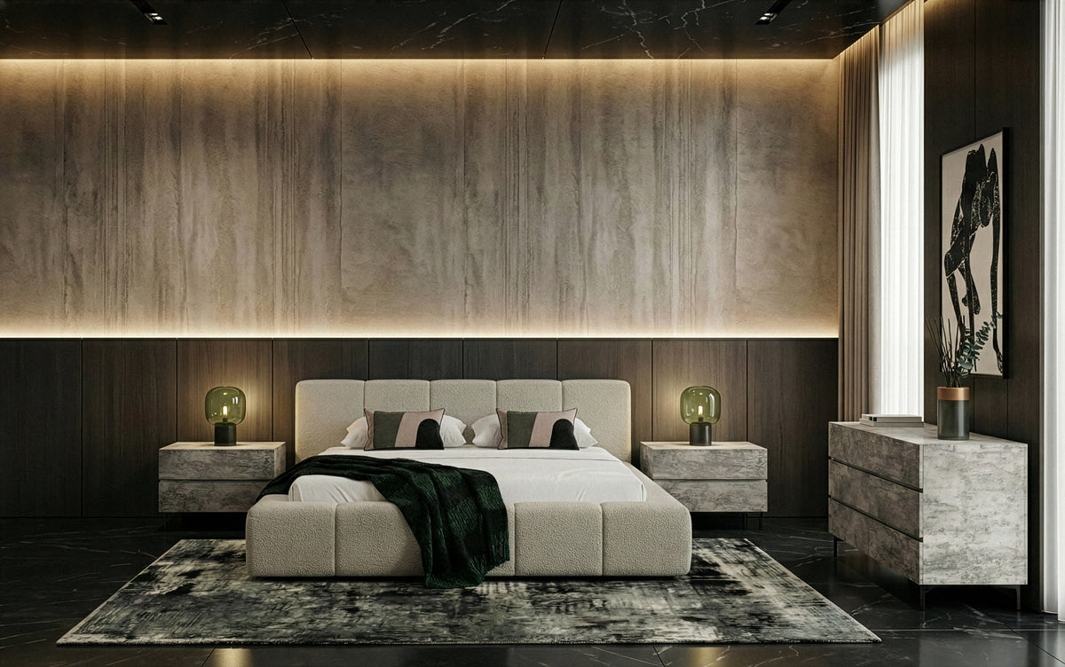 Eastern King Lamont + Aria Modern Beige Fabric + Grey Texture 4-Piece Bedroom Set