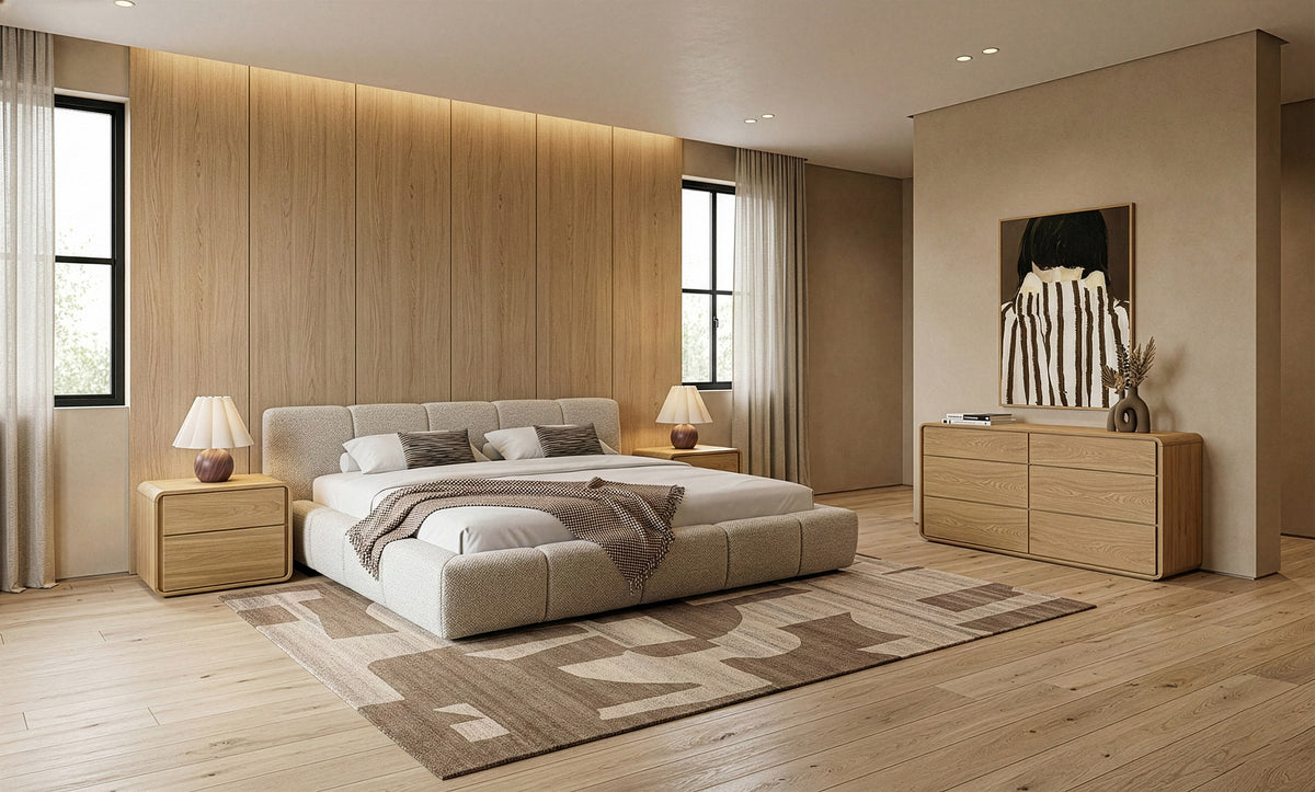 Queen Lamont + Dustin Modern Beige Fabric + Natural Oak 4-Piece Bedroom Set