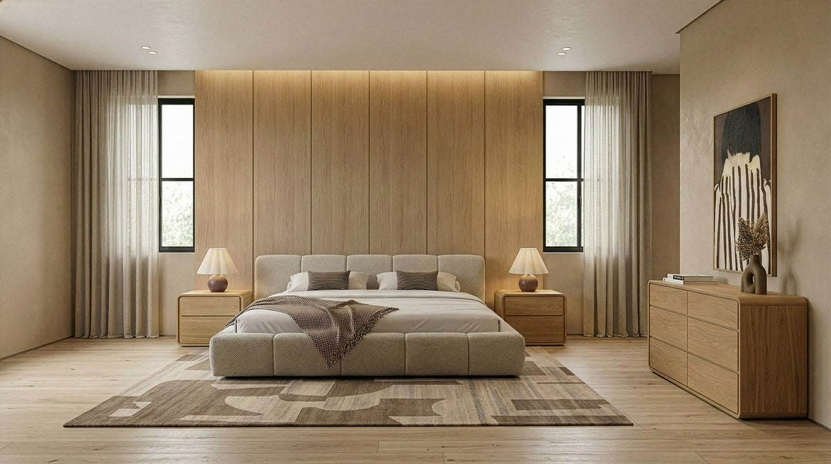 Lamont + Dustin Modern Beige Fabric + Natural Oak 4-Piece Bedroom Set