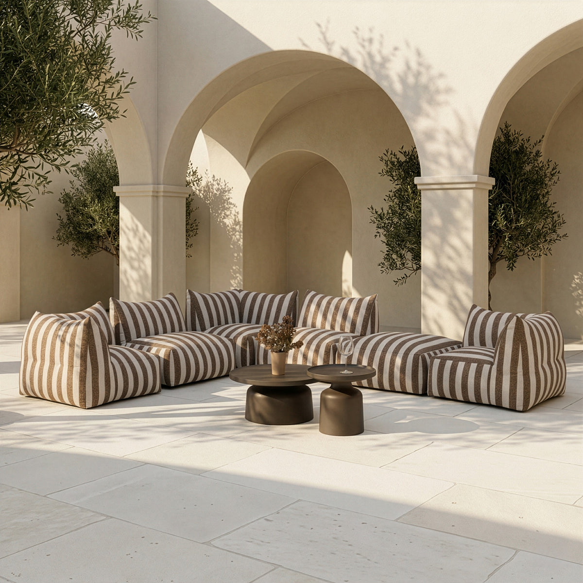 Lanuza Outdoor Brown + White Stripe Fabric Modular Corner Sofa Seat