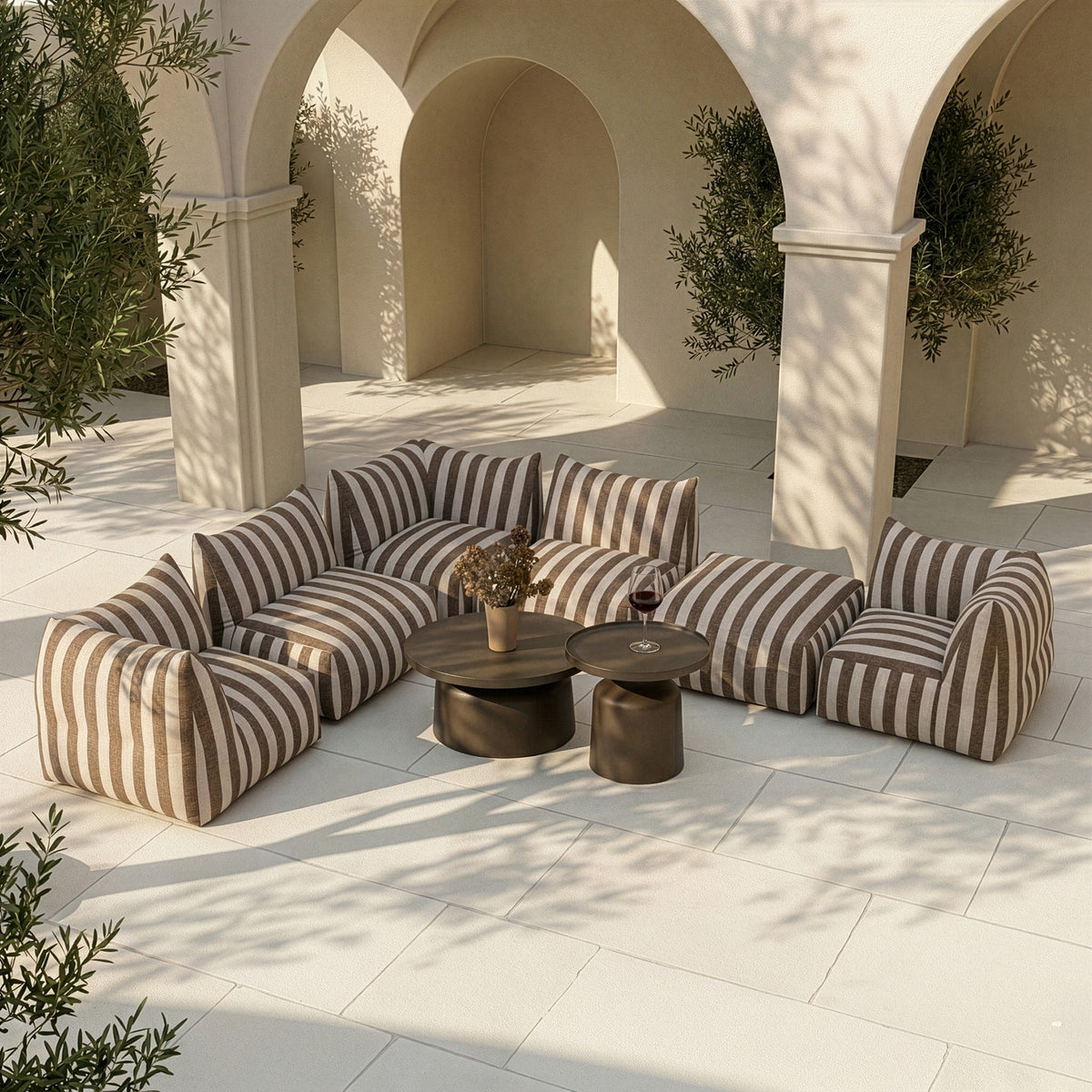 Lanuza Outdoor Brown + White Stripe Fabric Armless Sofa Seat