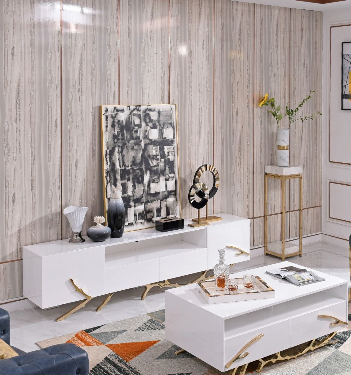 Legend 87"-Wide Modern White Gold TV Stand