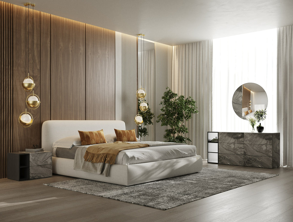 Liam Modern Ivory Fabric Upholstered Bed