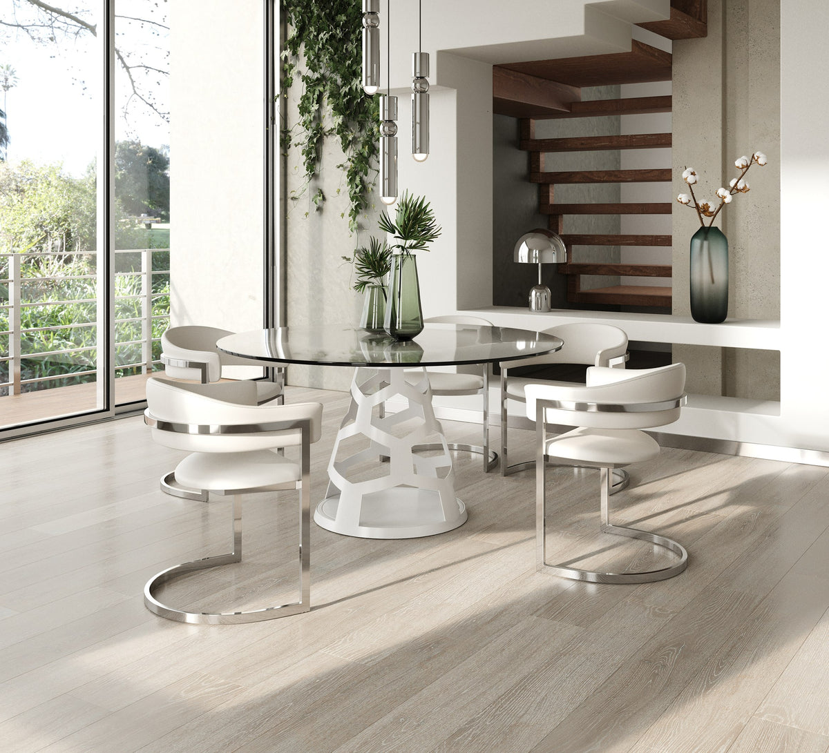 Lilly Modern 12mm Round Glass + White Dining Table