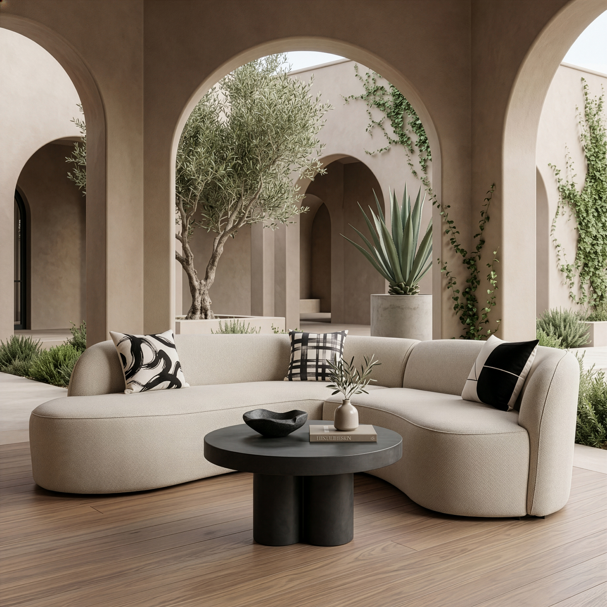 Lucena Outdoor Oyster Olefin Fabric Curved Sectional Sofa