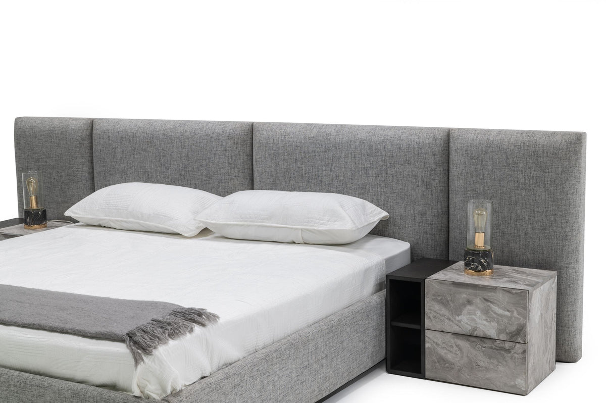 Maranello Modern Grey Fabric Bed with Two Nightstands