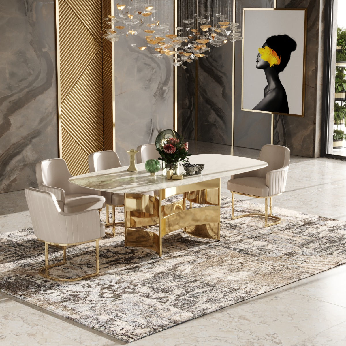 Marmot White Marble and Champagne Gold Dining Table