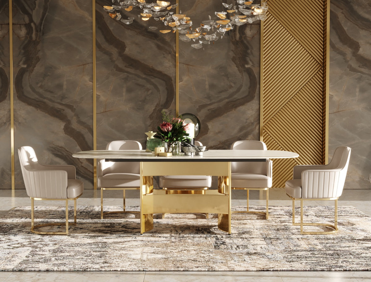 Marmot White Marble and Champagne Gold Dining Table