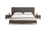 Queen Metcalf Mid-Century Walnut & Grey Bed with Two Nightstands