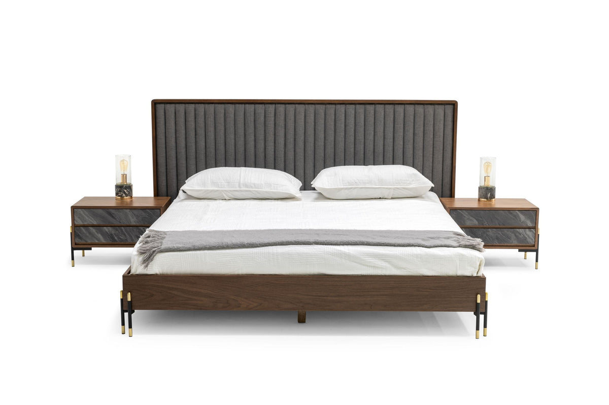 Queen Metcalf Mid-Century Walnut & Grey Bed with Two Nightstands