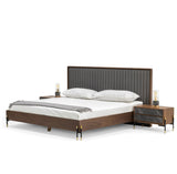 Queen Metcalf Mid-Century Walnut & Grey Bed with Two Nightstands