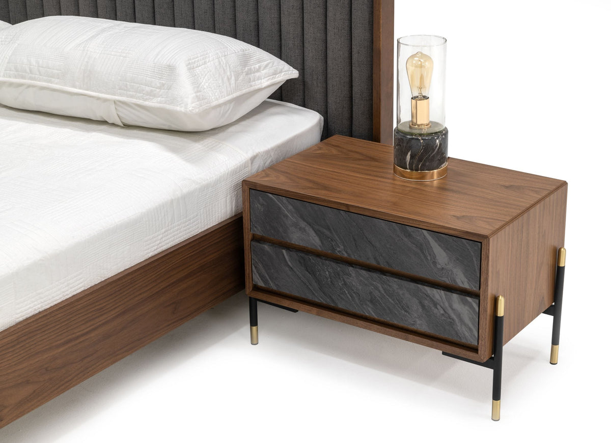 Queen Metcalf Mid-Century Walnut & Grey Bed with Two Nightstands