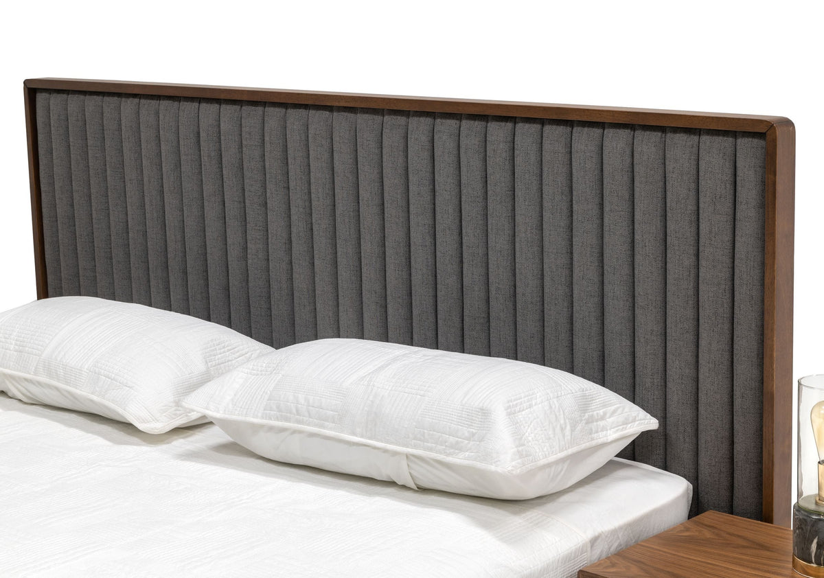 Queen Metcalf Mid-Century Walnut & Grey Bed with Two Nightstands