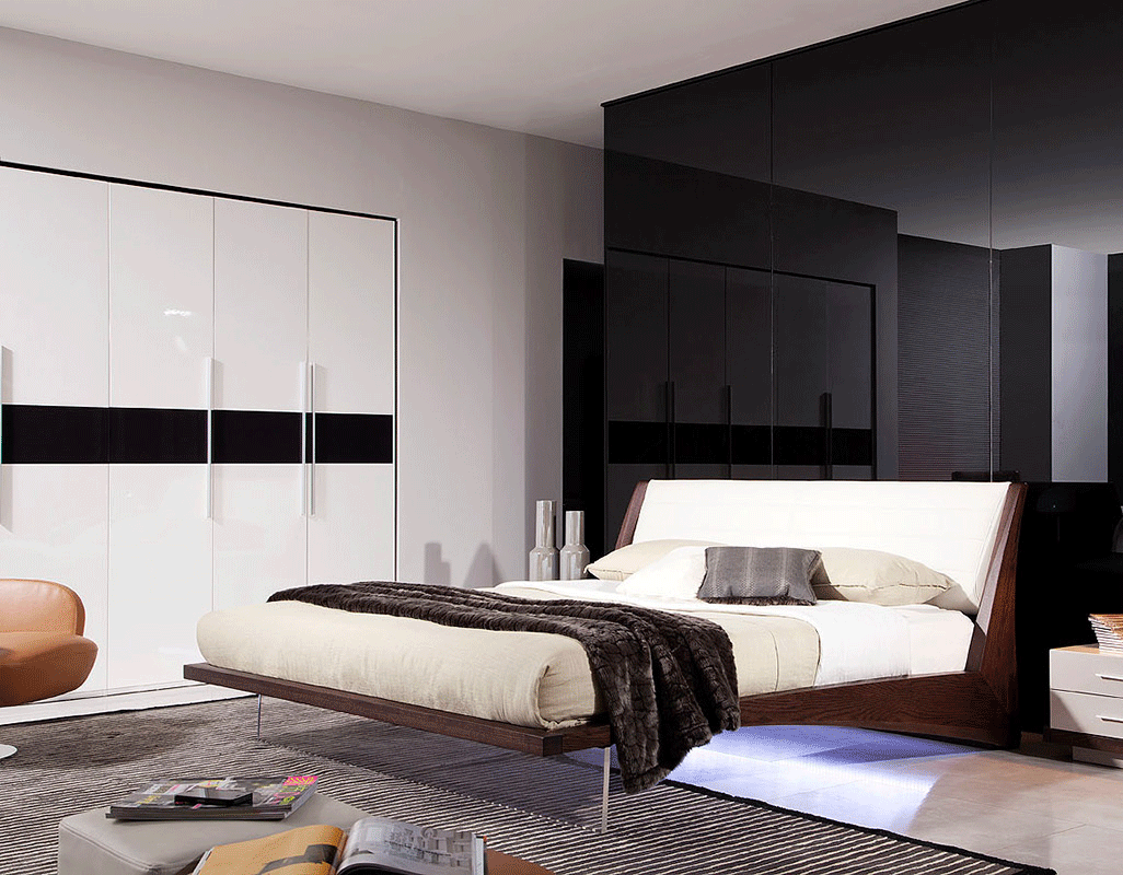 Eastern King Volterra Contemporary Brown Oak and White Floating Bed with Lights