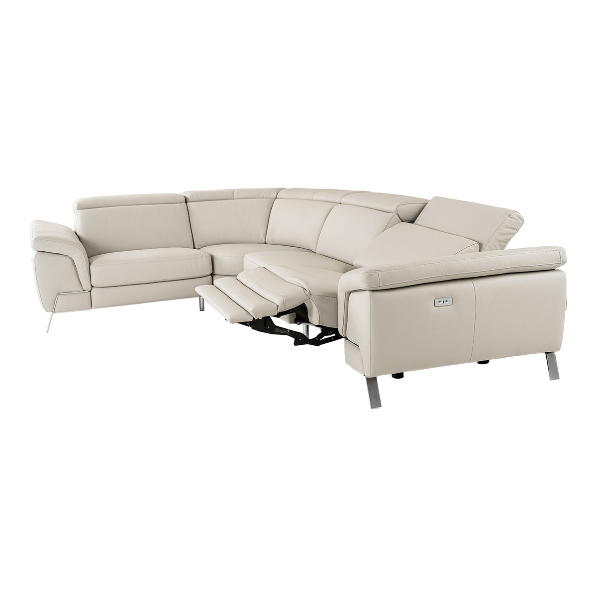 Mini Wonder Italian Modern Grey Leather Sectional Sofa with Right Facing Recliner