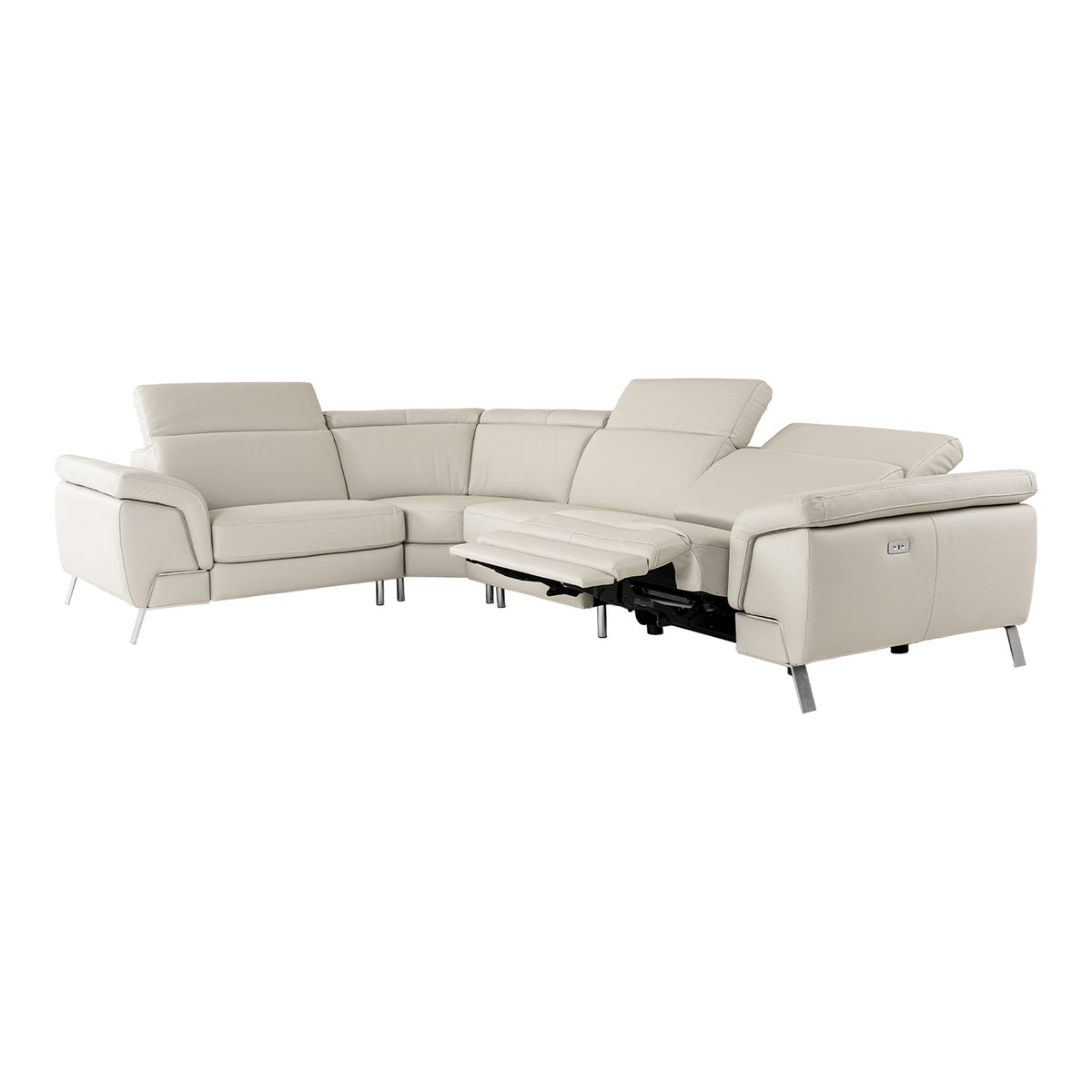 Mini Wonder Italian Modern Grey Leather Sectional Sofa with Right Facing Recliner