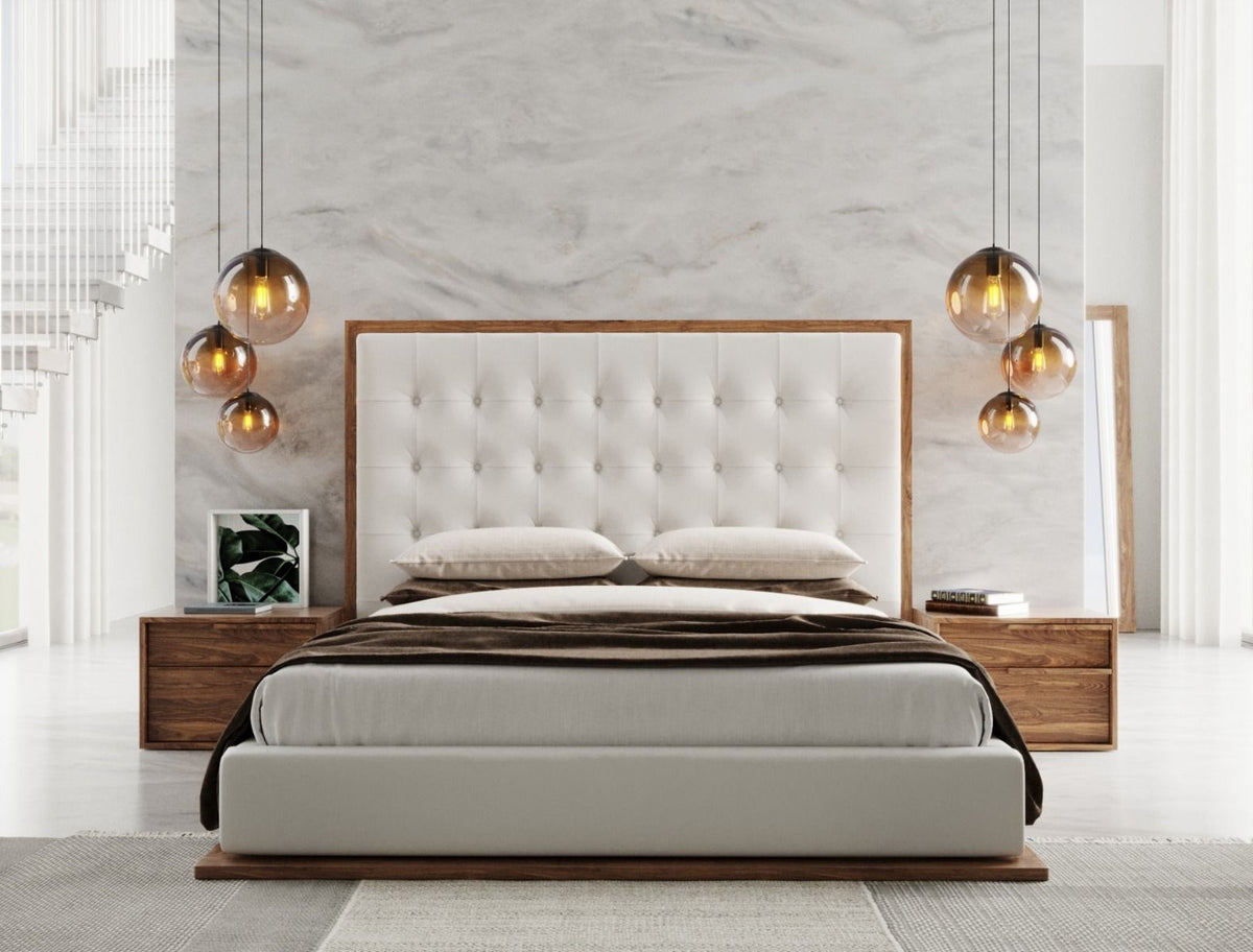 Amberlie Queen White Vegan Leather & Walnut Bed