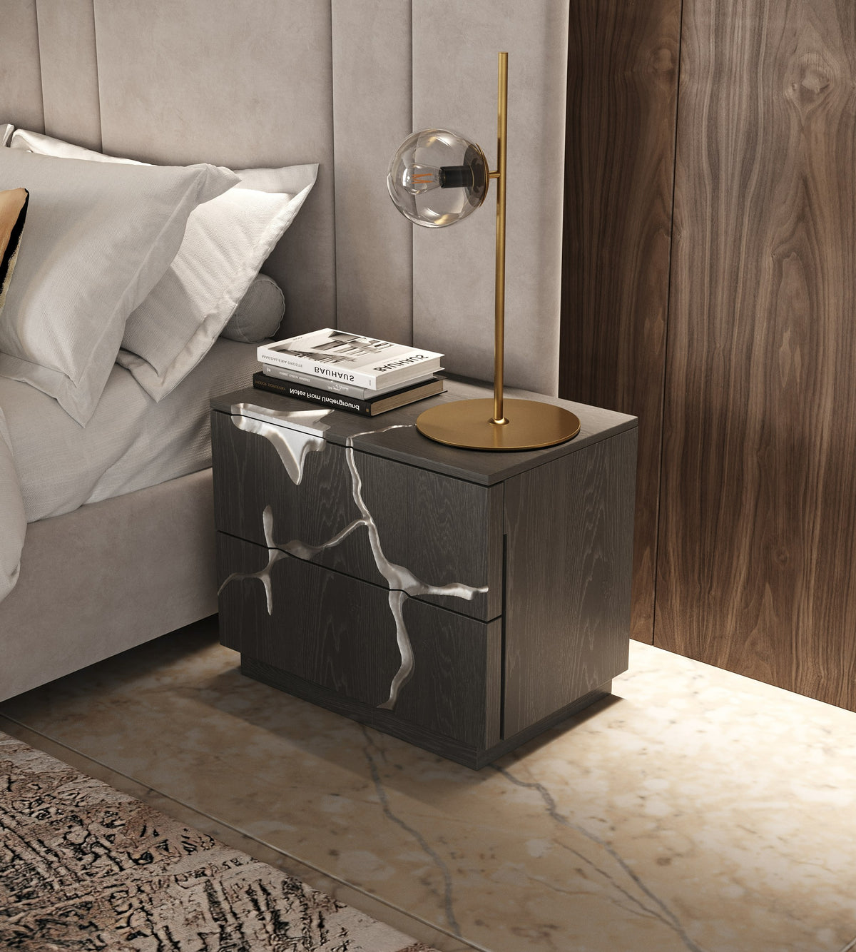 Penelope + Aspen Modern Beige Velvet + Brown Ash Bedroom Set