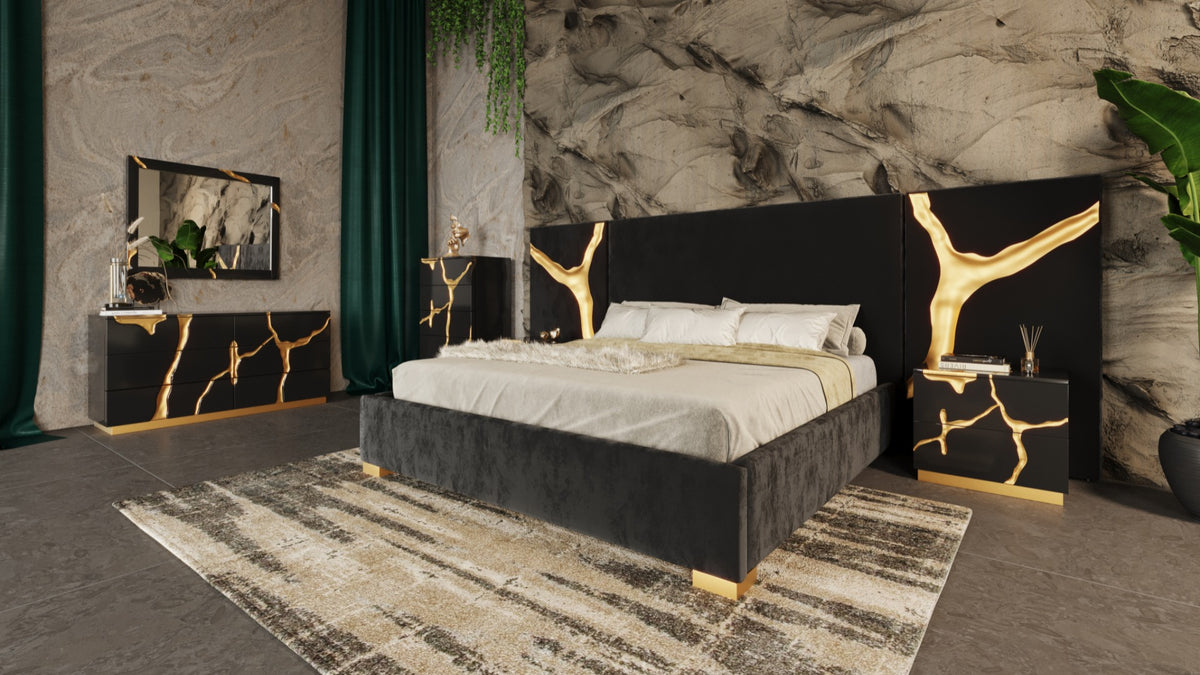 Aspen Modern Black + Gold Bed + Nightstands