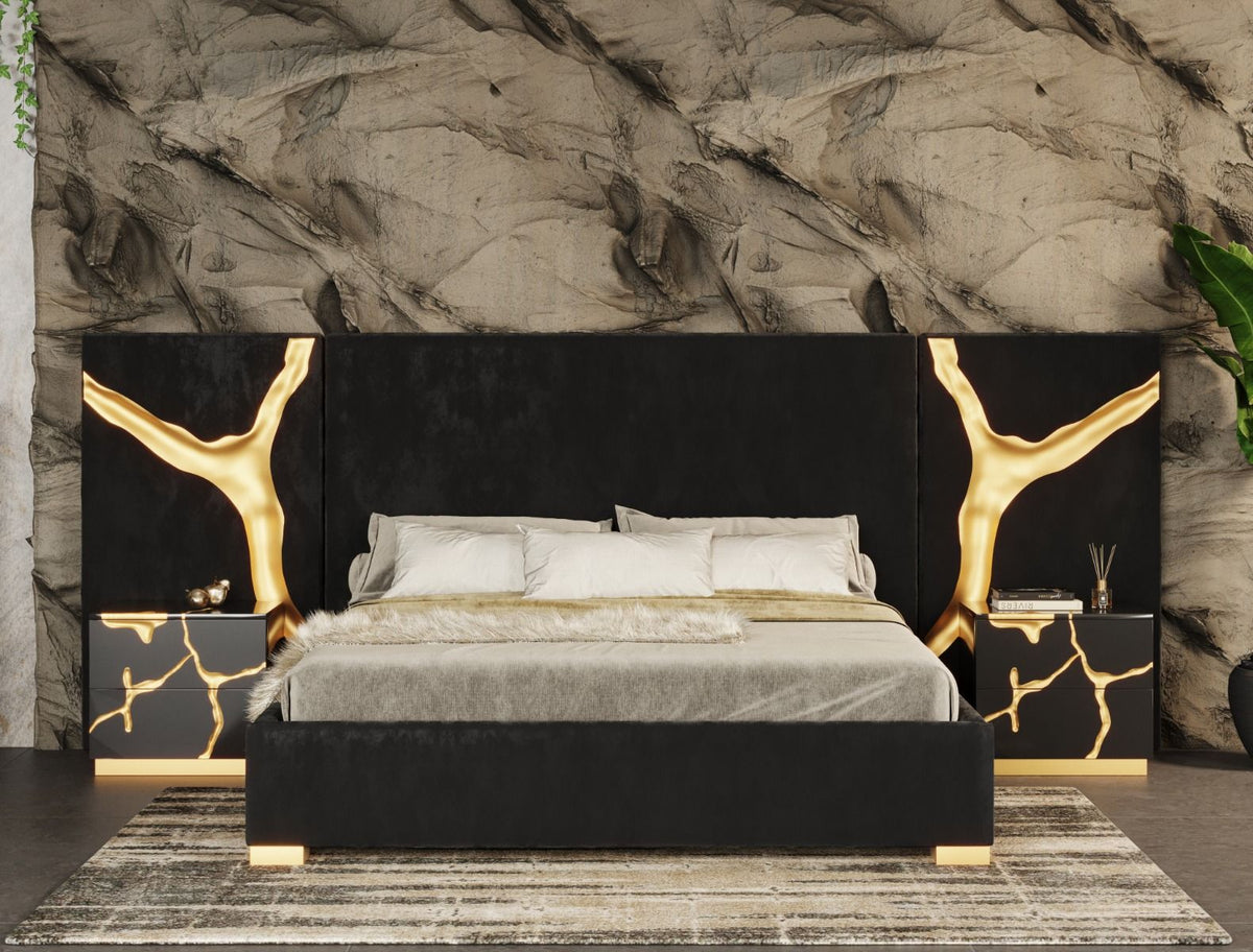 Aspen Queen Glam Black Velvet & Gold Bed