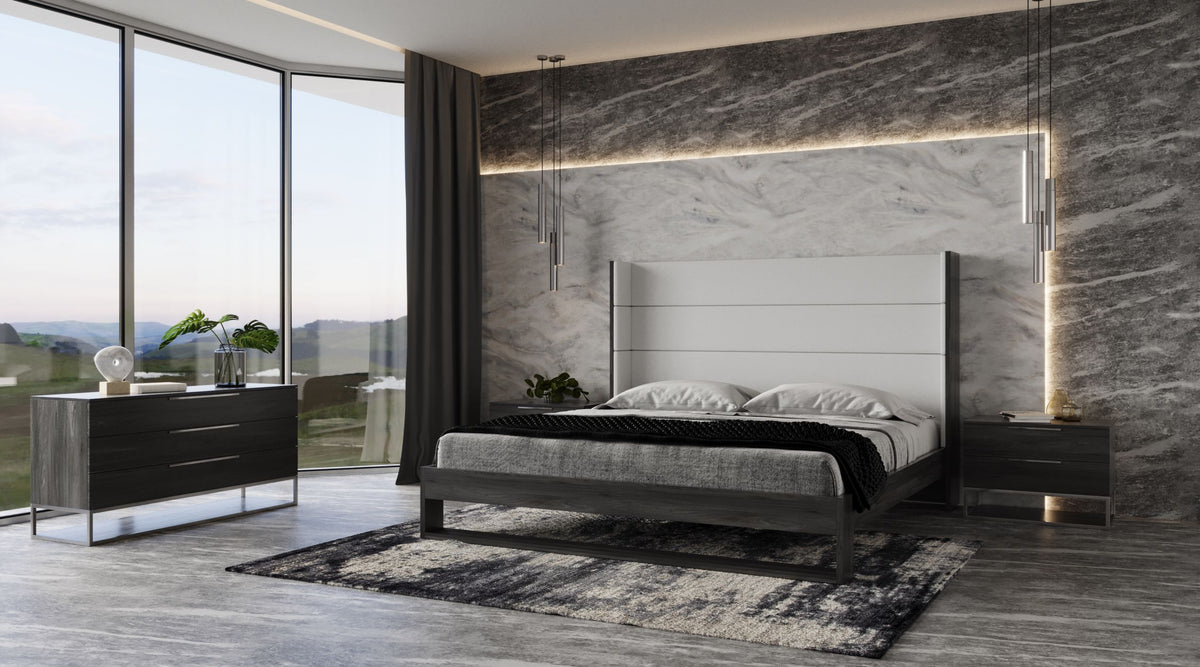 Heloise Contemporary White Leather & Grey Elm Trim Bed