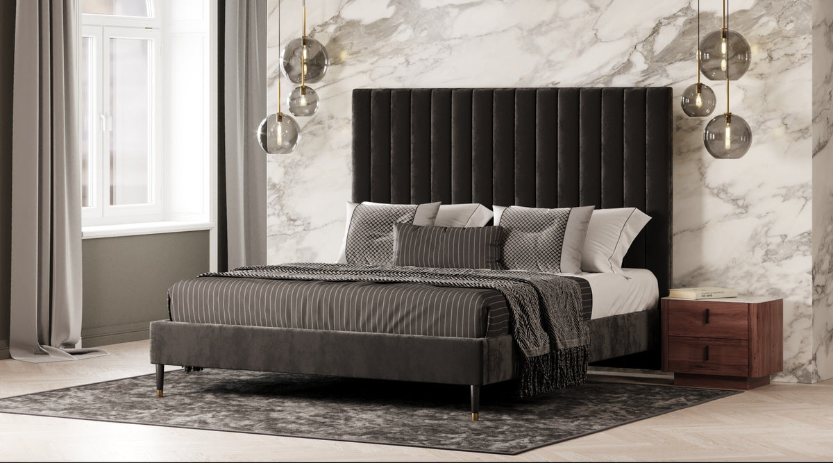 Queen Hemlock Modern Grey Velvet Bed