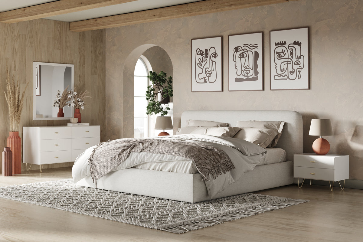 Liam Modern Ivory Fabric Upholstered Bed