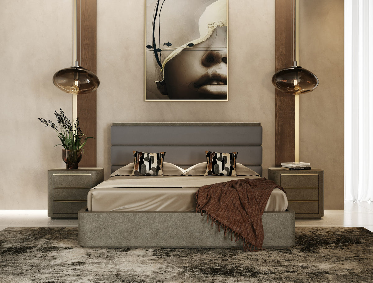 Lois Modern Grey Leather & Beige Shagreen Bedroom Set